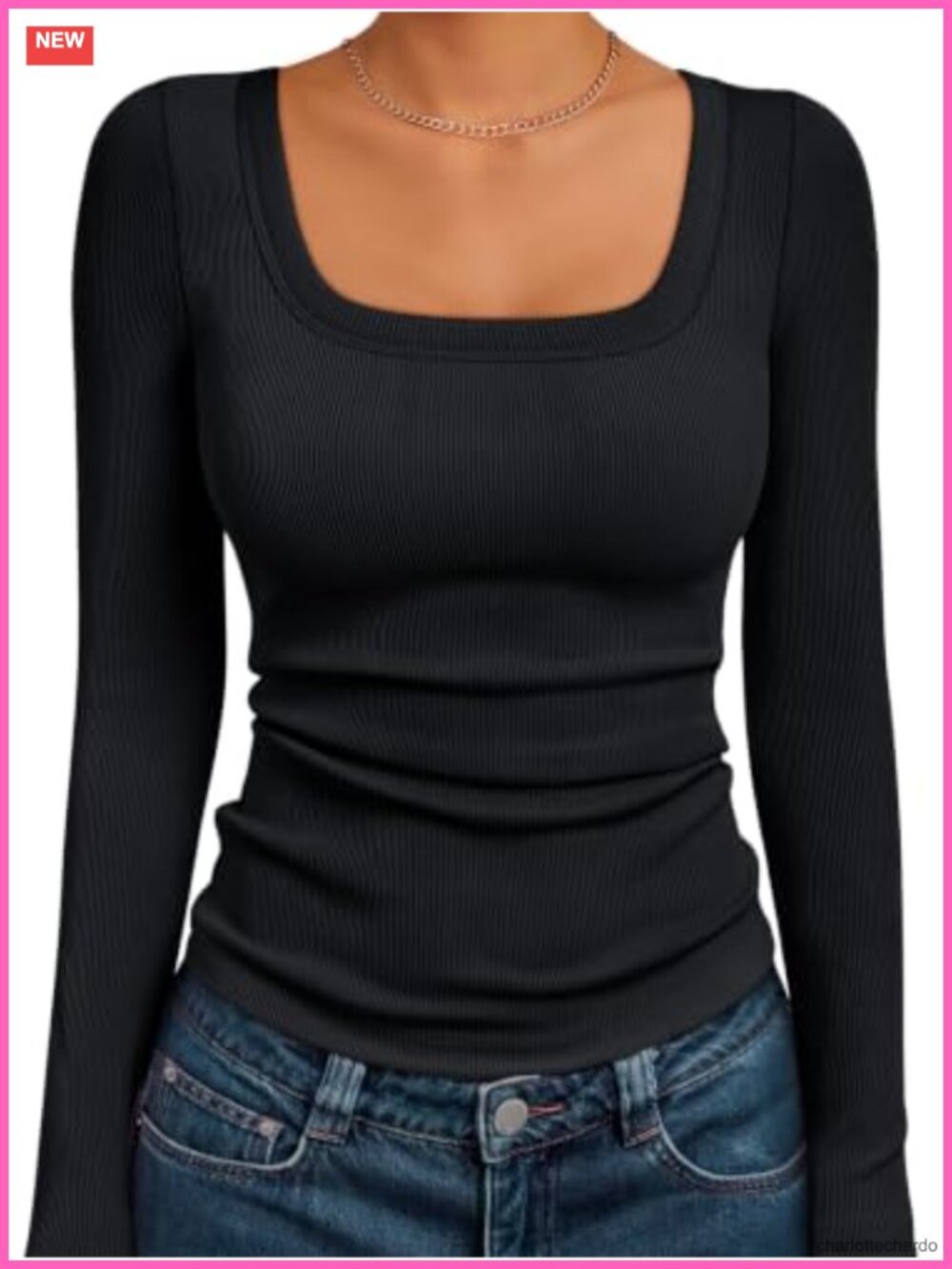 Women's Ribbed Square Neck Long Sleeve Slim Fit Pullover Top Fall Layering